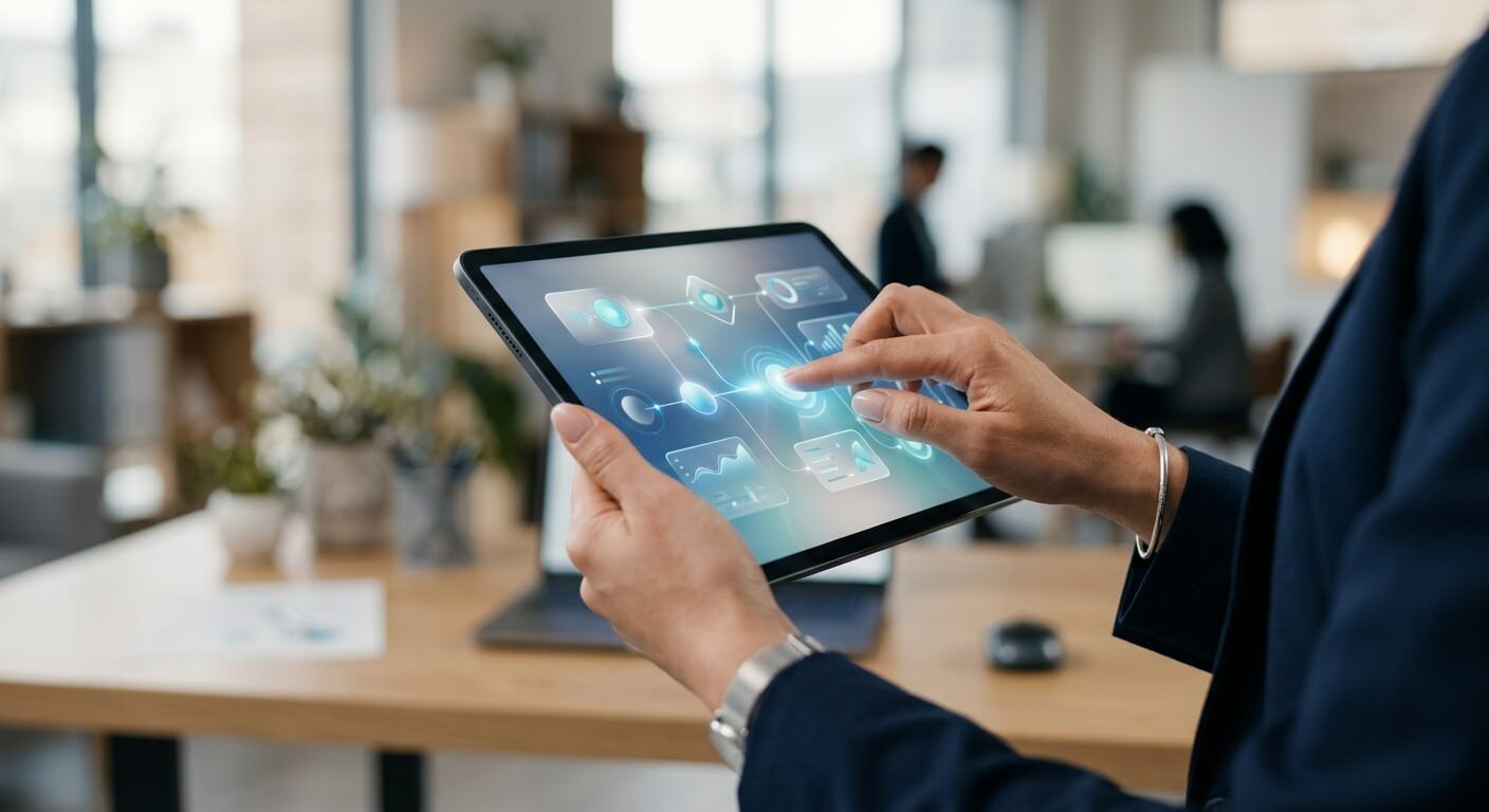 オフィスでタブレット操作するビジネスマン